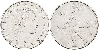 Италия 50 лир 1963 R, бог огня Вулкан у наковальни KM 95.1 нержавеющая сталь 4595-355