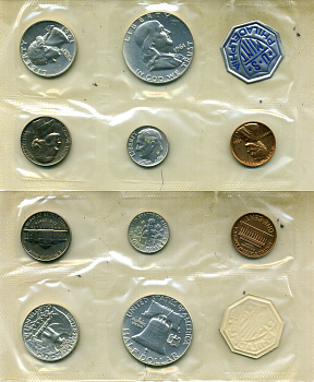 США набор из 5 монет (1, 5, 10 (дайм), 25 (квотер, 1/4 доллара) и 50 (1/2 доллара) центов) и отметки монетного двора 1961 в оригинальном конверте, в запайке KM MS114 (KM 201, A192, 195, 164 и 199) UNC 7-7-17