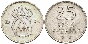 Швеция 25 эре 1970 U Густав VI Адольф (1950-1973) KM 836 медно-никель 44-117