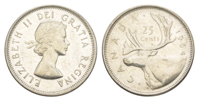 Канада 25 центов 1964 Елизавета II (1952-2022), олень KM 52 серебро aUNC 4631-916