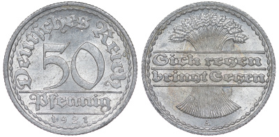 Германия 50 пфеннигов 1921 A KM 27, J. 301 алюминий aUNC 4114-544