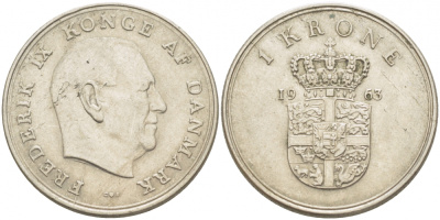 ДАНИЯ 1 КРОНА 1963 C; S, ФРЕДЕРИК IX (1947-1972) КМ 851.1 медно-никель 213-1215