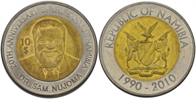 Намибия 10 долларов 2010 20 лет банку Намибии биметалл KM NEW UNC 32-121