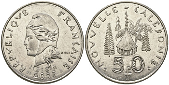 Французская Новая Каледония 50 франков 2003 хижина среди сосен и пальм, (IEOM) KM 13, Schoen 15, Lec 121 никель 111-815