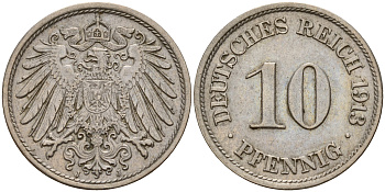Германия 10 пфеннигов 1913 J KM 12, Jager 13, Weege 8 медно-никель    4603-736