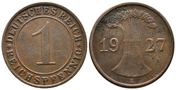 ГЕРМАНИЯ 1 РЕЙХСПФЕННИГ 1927 E KM 37, J. 313 бронза 39-956
