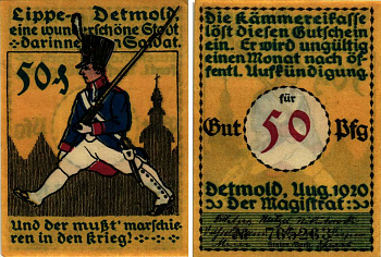 ДЕТМОЛЬД, ЛИППЕ, ГЕРМАНИЯ 50 ПФЕННИГОВ 1920 НОТГЕЛЬД, АВГУСТ 1920, ЗЕМЛЯ СЕВЕРНЫЙ РЕЙН-ВЕСТФАЛИЯ, НОМЕР ЧЁРНЫЙ, БУМАГА ЖЁЛТАЯ, ТЕКСТ ГОЛУБОЙ ARNOLD KELLER 268.5а бумага 7553-39-2-2