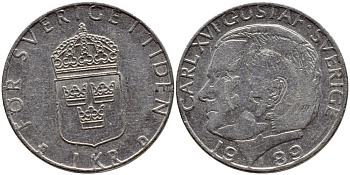 Швеция 1 крона 1989 Карл XVI Густав (1973- ) KM 852a медно-никель 4397-1234