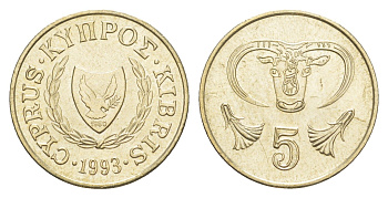 Кипр 5 центов 1993 голова быка KM 55.3 никель латунь UNC 4649-1164