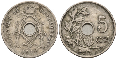 Бельгия 5 сантимов 1910 Belgique, Альберт I (1909-1934) KM 66 медно-никель 4609-251