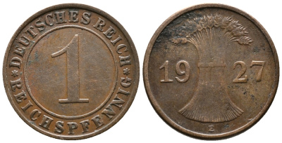 ГЕРМАНИЯ 1 РЕЙХСПФЕННИГ 1927 E KM 37, J. 313 бронза 39-956