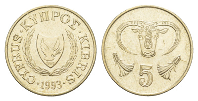 Кипр 5 центов 1993 голова быка KM 55.3 никель латунь UNC 4649-1164