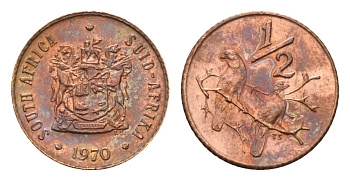 ЮАР 1/2 цента 1970 два капских воробья на ветке KM 81 бронза UNC 105-227