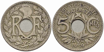 Франция 5 сантимов 1919 тип Линдайё KM 865, Le Franc 121.3 медно-никель 4379-1141