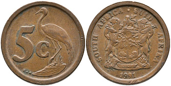 ЮАР 5 центов 1991 синий журавль, герб KM 134 сталь плакированная медью 3336-1227