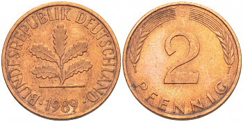 ФРГ 2 ПФЕННИГА 1989 J KM 106a, J.381a сталь плакированная сталь плакированная медьюю 4396-1619