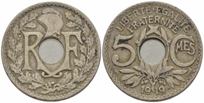 Франция 5 сантимов 1919 тип Линдайё KM 865, Le Franc 121.3 медно-никель 4379-1141