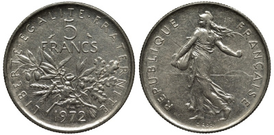 Франция 5 франков 1972 сеятель KM 926a.1, Le Franc 341.4 медно-никель плакированный никелем 3855-912