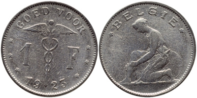 Бельгия 1 франк 1923 Belgie, Альберт I (1909-1934) KM 90 никель 4610-833