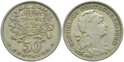 Португалия 50 сентаво 1960 KM 577 медно-никель 4395-812