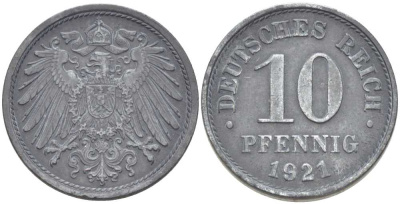 ГЕРМАНИЯ 10 ПФЕННИГОВ 1921 KM 26, J. 299 цинк 202-135