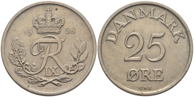 ДАНИЯ 25 ЭРЕ 1958 С; S, ФРЕДЕРИК IX (1947-1972) KM 842.2 медно-никель 28-357
