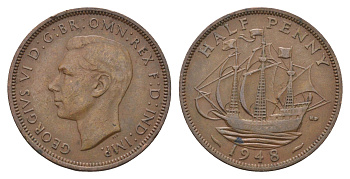 Великобритания 1/2 пенни 1948 Георг VI (1936-1952) KM 844, Spink 4115 бронза 4662-1121