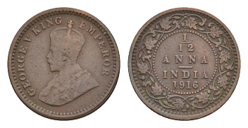 Британская Индия 1/12 анны 1916 Георг V (1910-1936) KM 509 бронза 75-1133