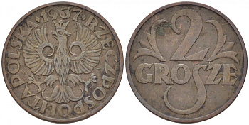 ПОЛЬША 2 ГРОША 1937 w KM 9а бронза 214-753