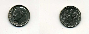 США 10 ЦЕНТОВ = 1 ДАЙМ 1966 РУЗВЕЛЬТ KM 195а медь плакированная медно-никелем 57-1219