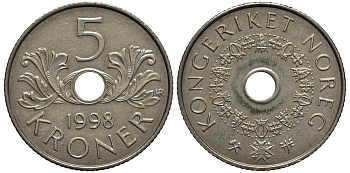Норвегия 5 крон 1998 Харальд V (1992-) KM 463 медно-никель 4390-724