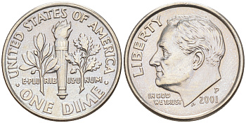 США 10 ЦЕНТОВ = 1 ДАЙМ 2001 P, РУЗВЕЛЬТ KM 195a медь плакированная медно-никелем 188-729