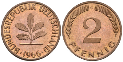 ФРГ 2 пфеннига 1966 G KM 106, J.381 бронза PROOF 1094-7-65