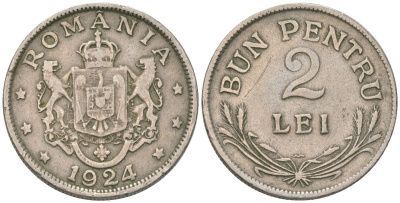 Румыния 2 лея 1924 Фердинанд I (1914-1927) KM 47 медно-никель 4586-1013