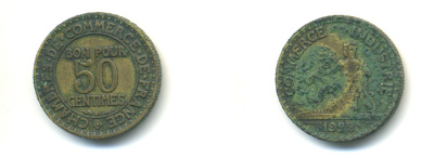 Франция 50 сантимов 1922 тип Chambre de Commerce KM 884, Le Franc 191.5 алюминиевая бронза 86-1742