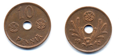 ФИНЛЯНДИЯ 10 ПЕННИ 1942 KM 33.1 медь 51-5015