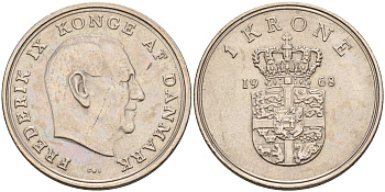 Дания 1 крона 1968 C,S, Фредерик IX (1947-1972) KM 851.1 медно-никель    4143-327