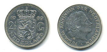 Нидерланды 2 1/2 гульдена 1969 Юлиана (1948-1980) KM 191 никель 4364-551