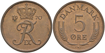 ДАНИЯ 5 ЭРЕ 1970 C; S, ФРЕДЕРИК IX (1947-1972) KM 848.1 бронза 4566-521