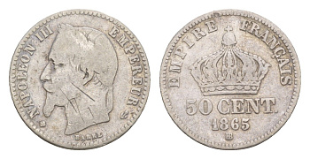 Франция 50 сантимов 1865 BB, Наполеон III (1852-1870) KM 814.2 серебро 4658-823