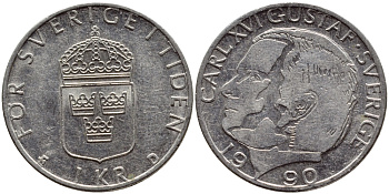 Швеция 1 крона 1990 Карл XVI Густав (1973- ) KM 852a медно-никель 4388-111