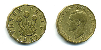 Великобритания 3 пенса 1942 Георг VI (1936-1952) KM 849, Spink 4112 никель латунь 540-241