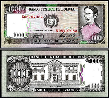 Боливия 1000 песо боливиано 1982 Хуана Асурдуй де Падилья Pick 167 a (3) бумага UNC (пресс) 7147-51-1-2