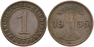 Германия 1 рейхспфенниг 1936 A KM 37, J. 313 бронза 4528-1137