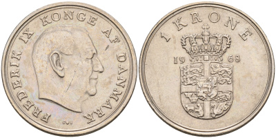 Дания 1 крона 1968 C,S, Фредерик IX (1947-1972) KM 851.1 медно-никель    4143-327