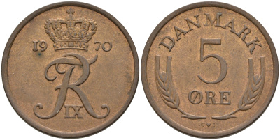ДАНИЯ 5 ЭРЕ 1970 C; S, ФРЕДЕРИК IX (1947-1972) KM 848.1 бронза 4566-521