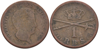 Дания 1 риксбанкскиллинг 1842 VS, Кристиан VIII (1839-1848) KM 726 (С120.2) медь 28-512