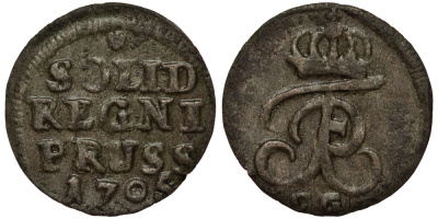 ПРУССИЯ 1 ШИЛЛИНГ 1705 CG, ФРИДРИХ I (1701-1713), ВЕС 0,63 ГР. KM 6 серебро 1516-443