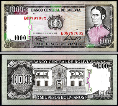 Боливия 1000 песо боливиано 1982 Хуана Асурдуй де Падилья Pick 167 a (3) бумага UNC (пресс) 7147-51-1-2
