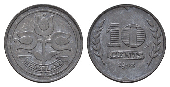 Нидерланды 10 центов 1942 Вильгельмина (1890-1948) KM 173 цинк 4675-916